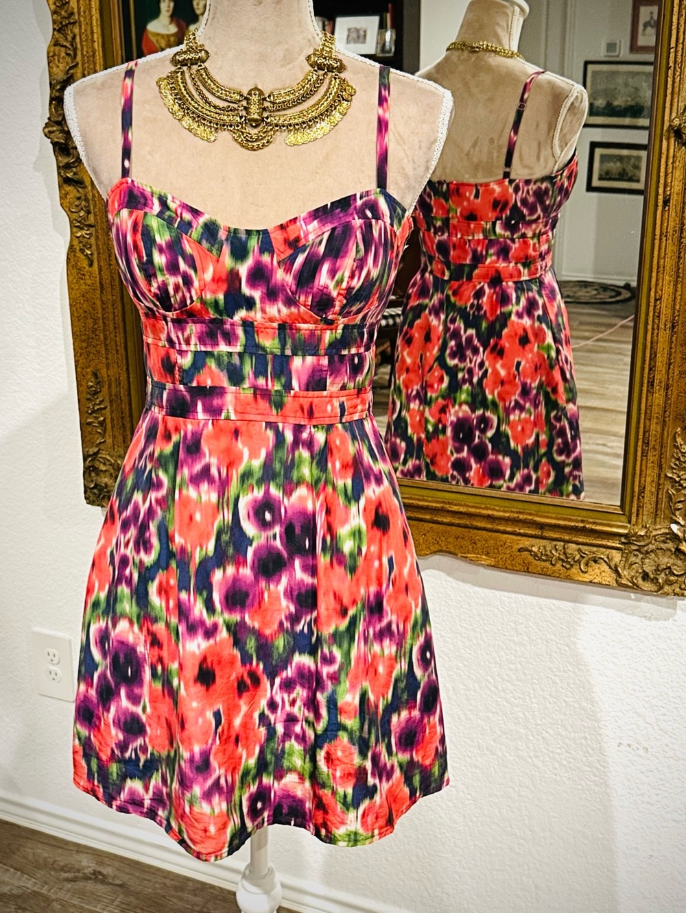 BEBE floral rainbow floral silk bodycon club dress Sz S